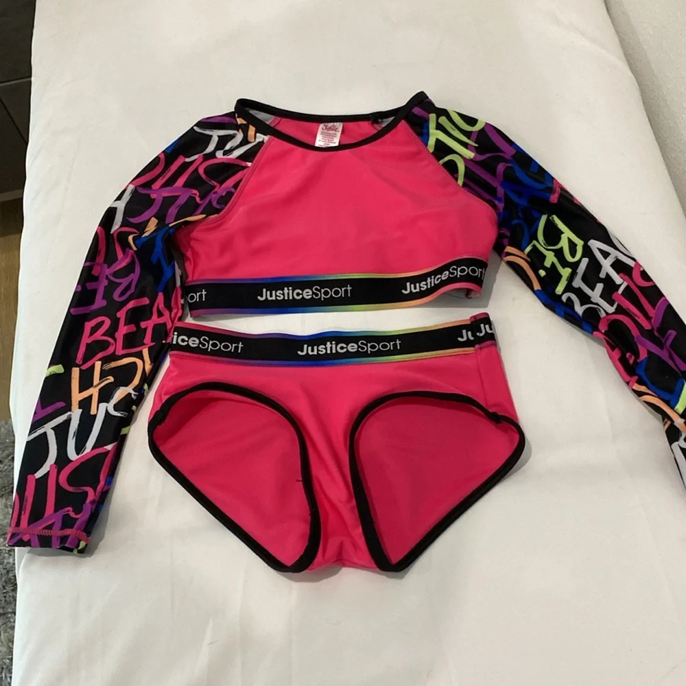 Justice Girls Sport Long Sleeve Rash-guard Swimsuit Set |Size XS